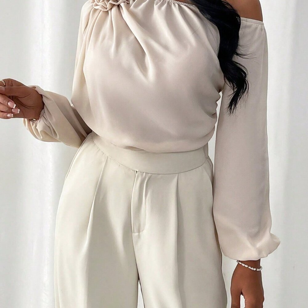 Apricot Elegant Women's Irregular Shoulder Shirt With 3d Flower Decoration - Picture 6 of 6